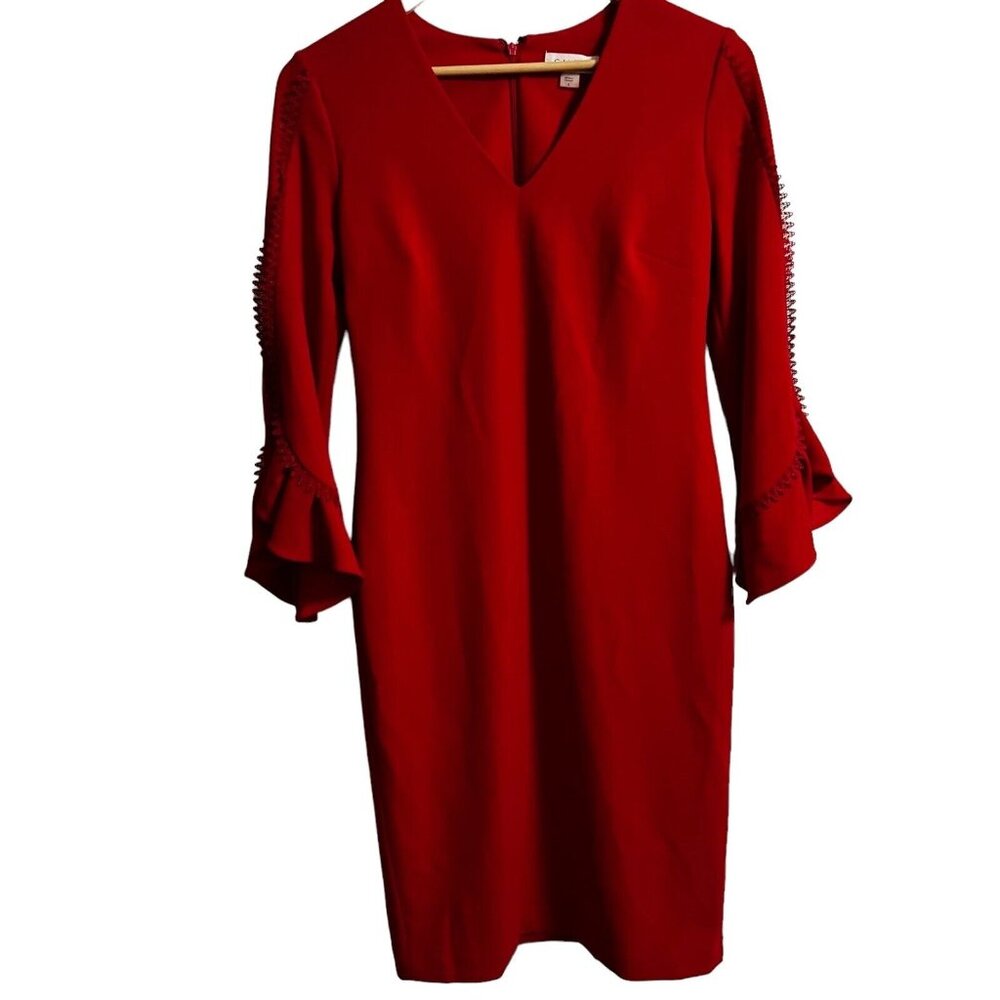 Calvin Klein womens Bell Sleeve Sheath with Lace‎ Inserts Dress, 4 - Red